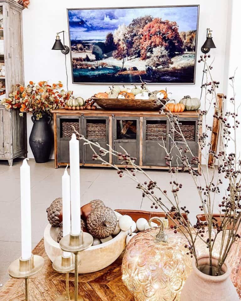Pumpkins on distressed table