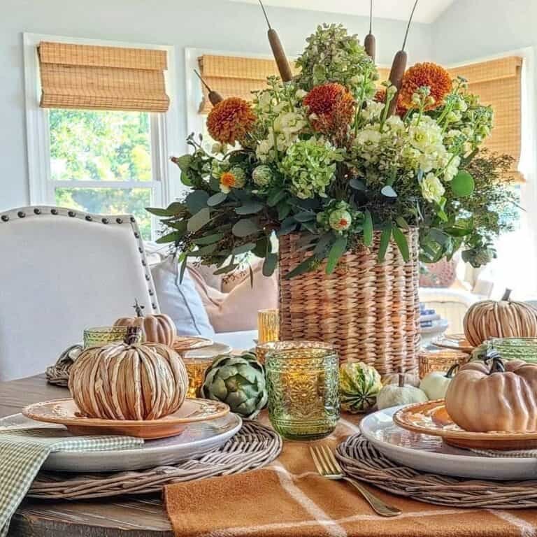 Rattan vase with autumn foliage
