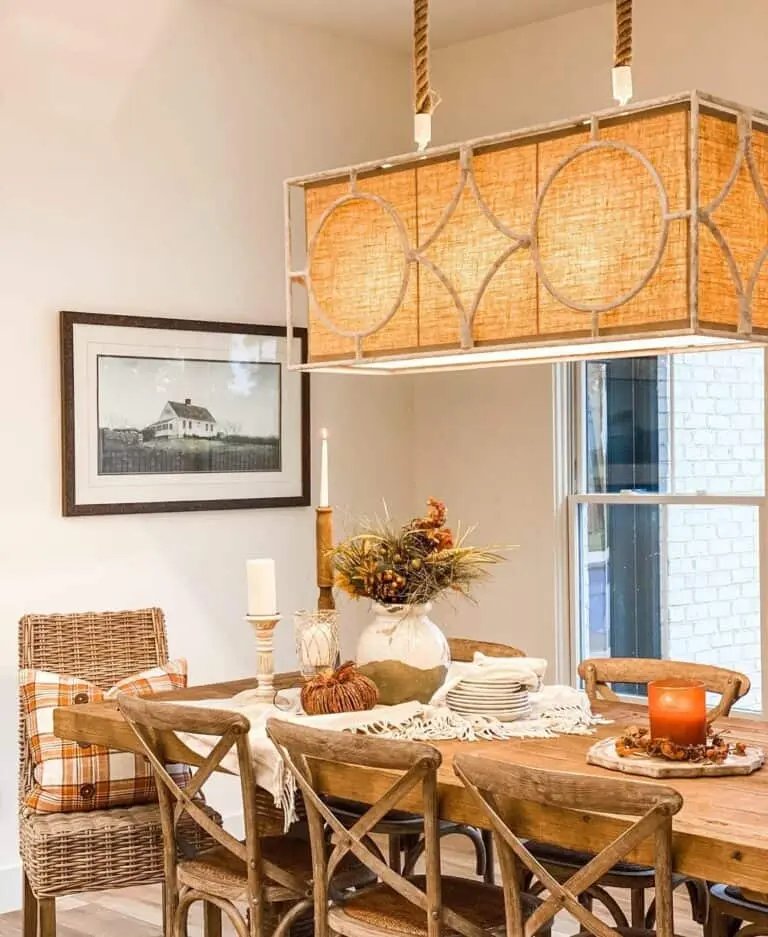 Rustic Wood Table with Rattan Pumpkins