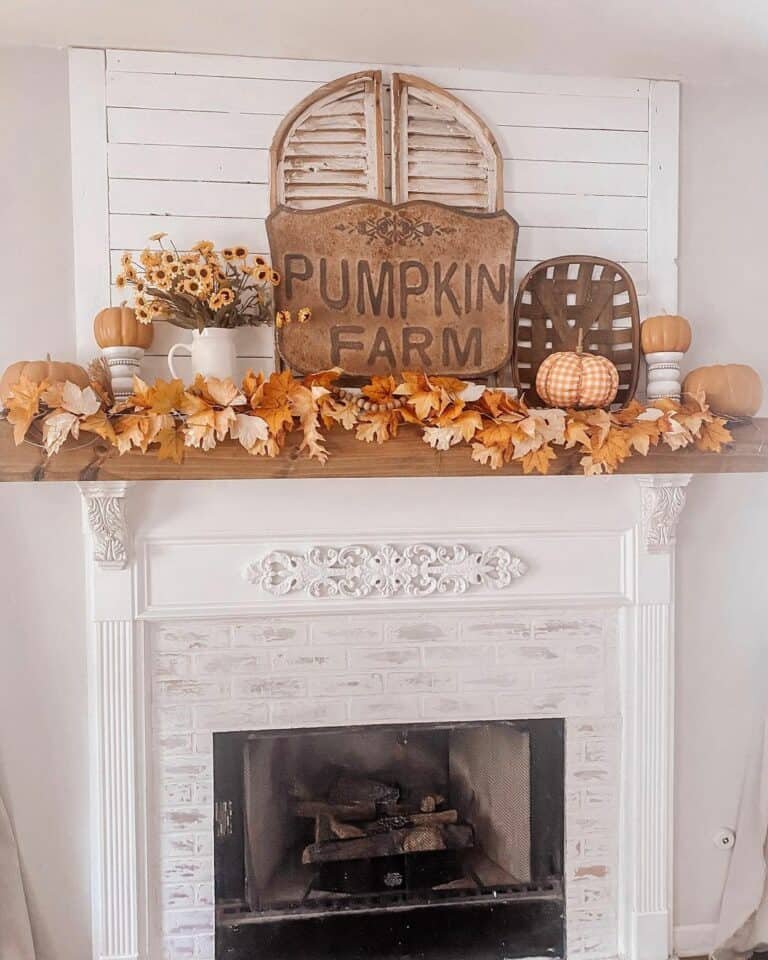 Stained Wood Mantel with Fall Garland