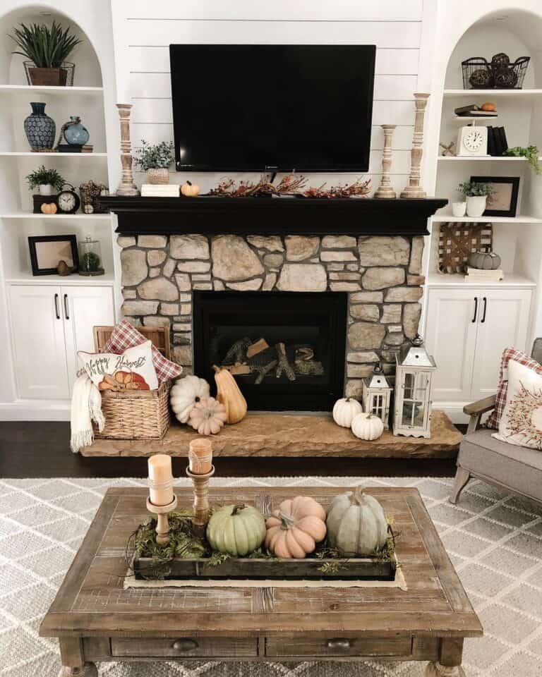 Stone Fireplace, Rustic Table