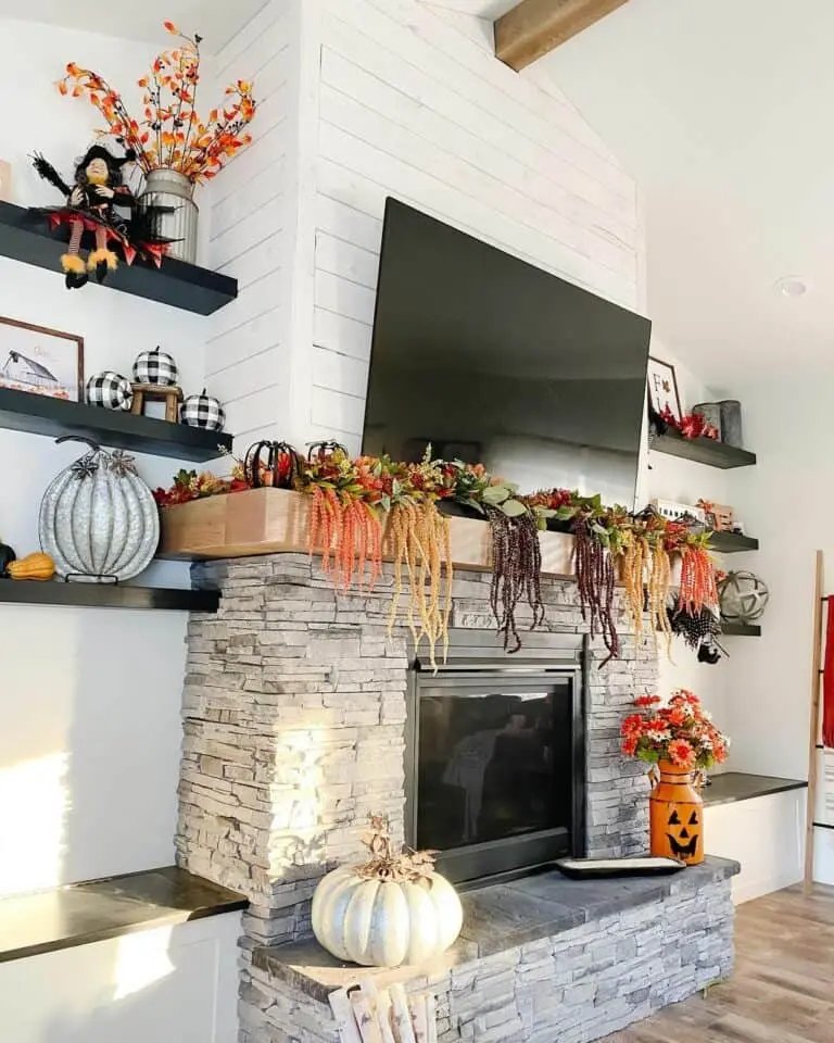 Stone fireplace with benches