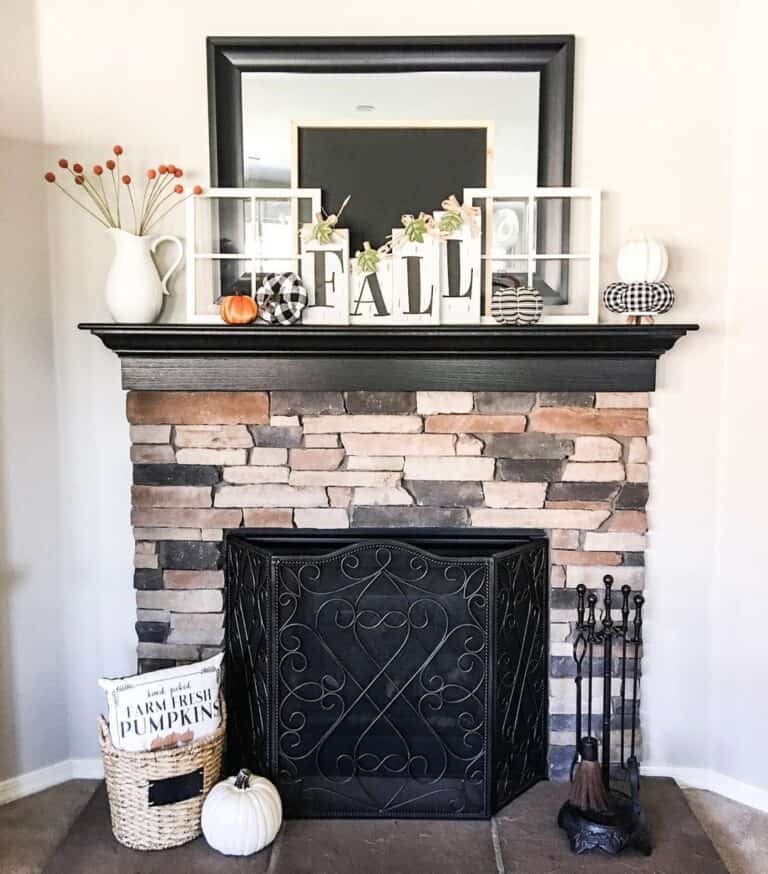 Stone Fireplace with Black Mantel