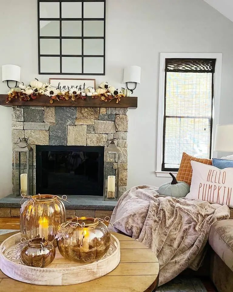 Stone fireplace with rustic mantel