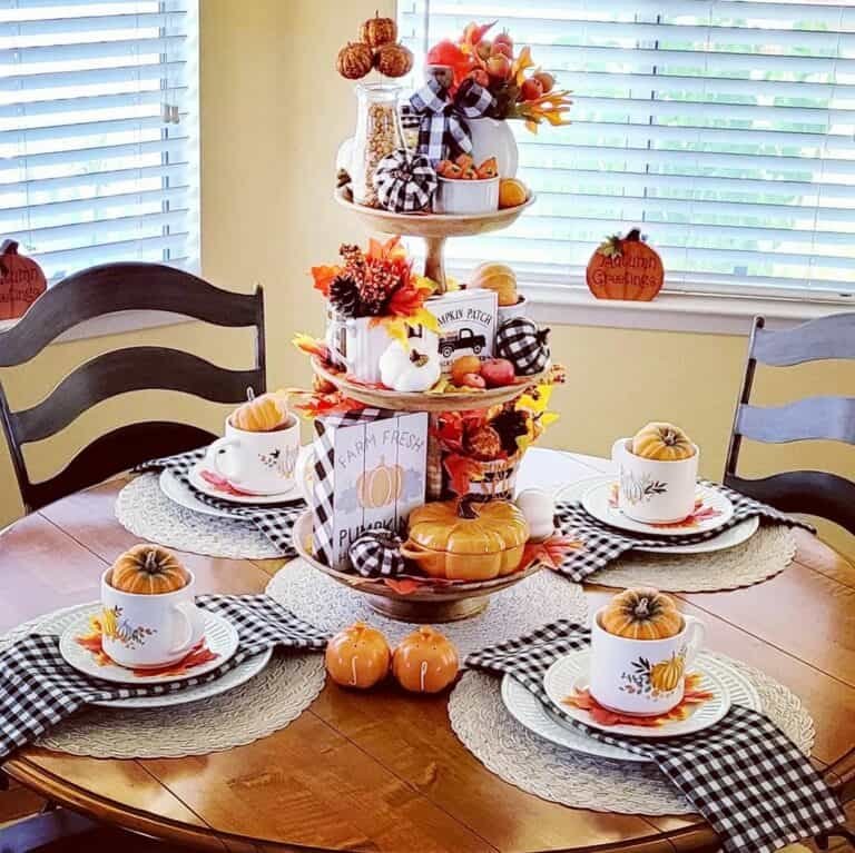 Tiered stand with pumpkins
