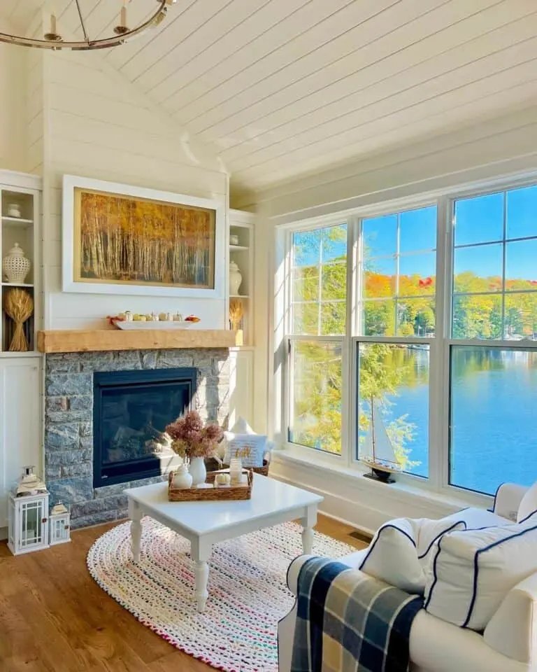TV above rustic mantel