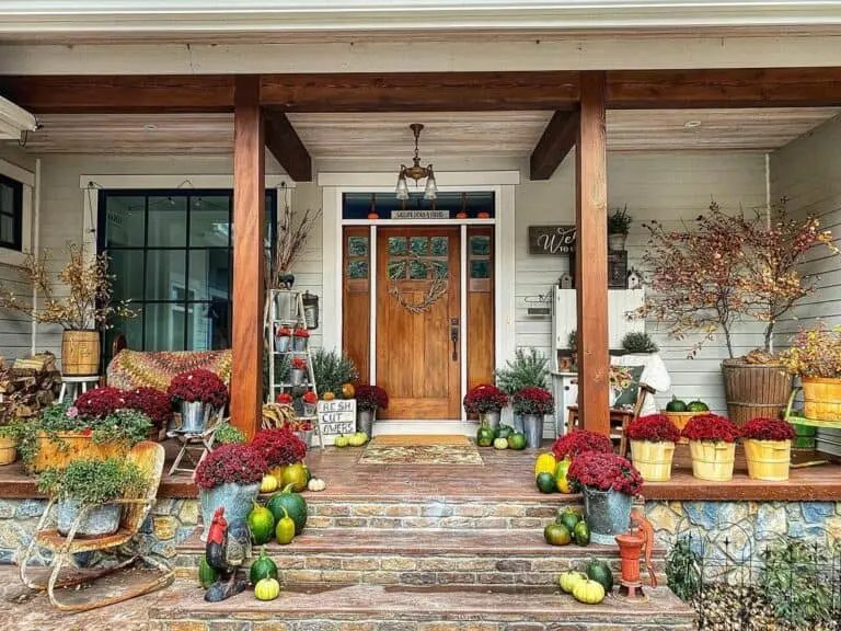 Vintage porch with red flowers