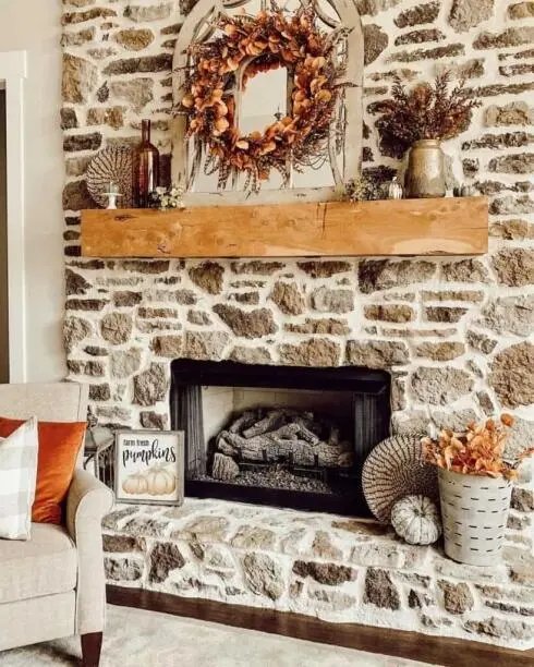 Warm wreath near fireplace