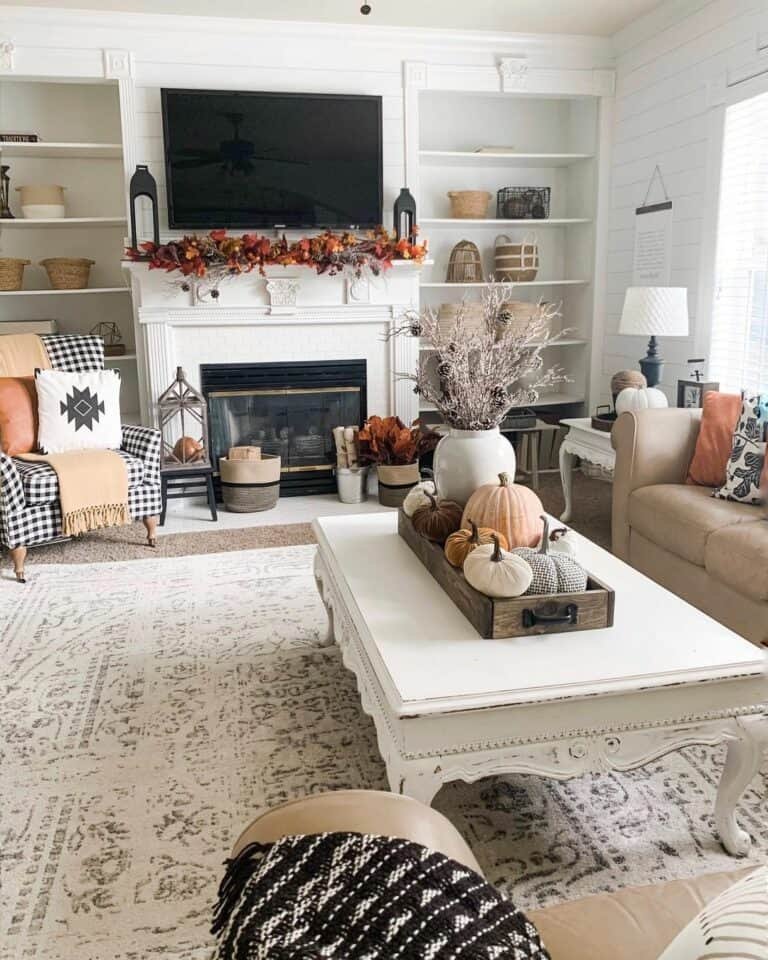 White farmhouse shelves with tan baskets