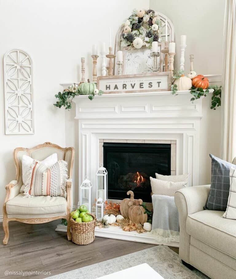 White fireplace with green accents