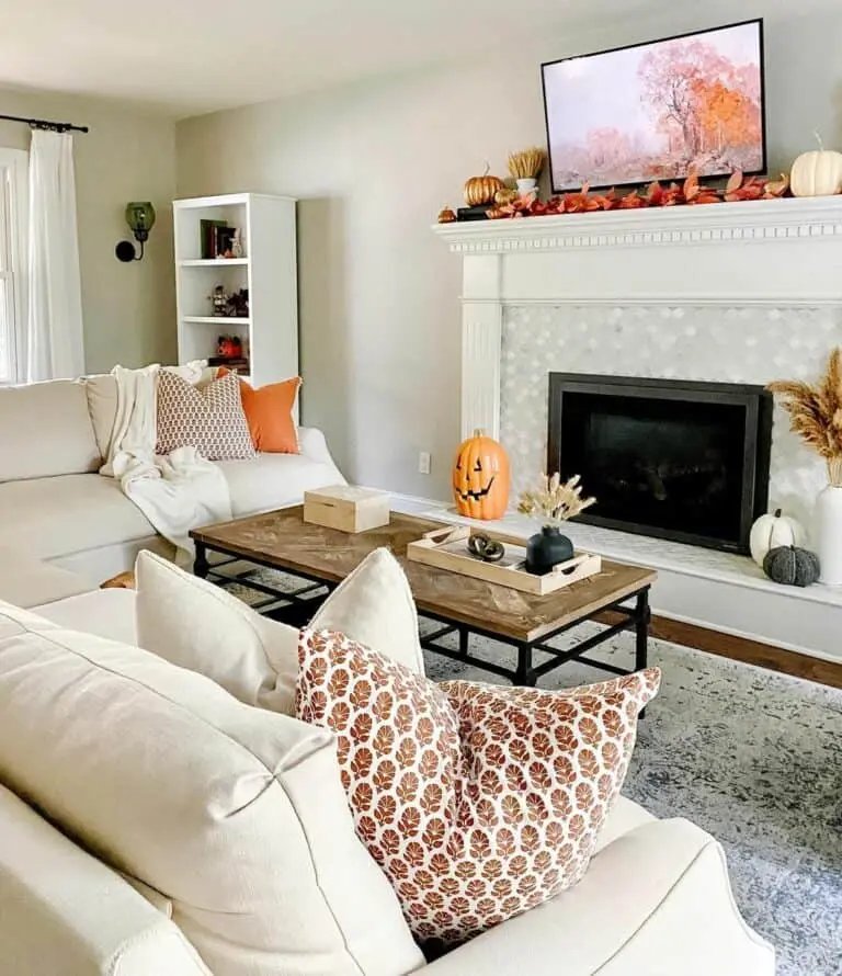 White mosaic tiles, fall pumpkins