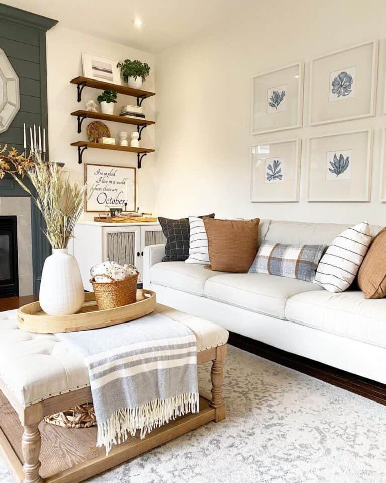 White ottoman with pampas grass centerpiece