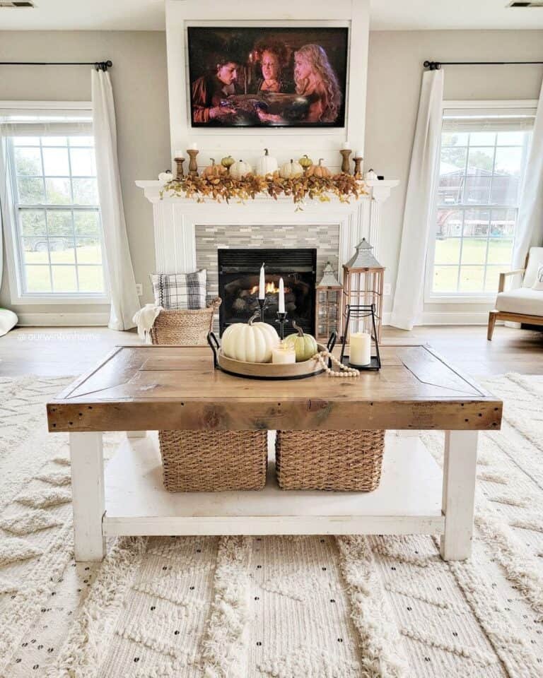 White pumpkins, stone fireplace