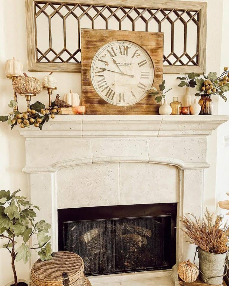White Stone Fireplace with Autumn Accents