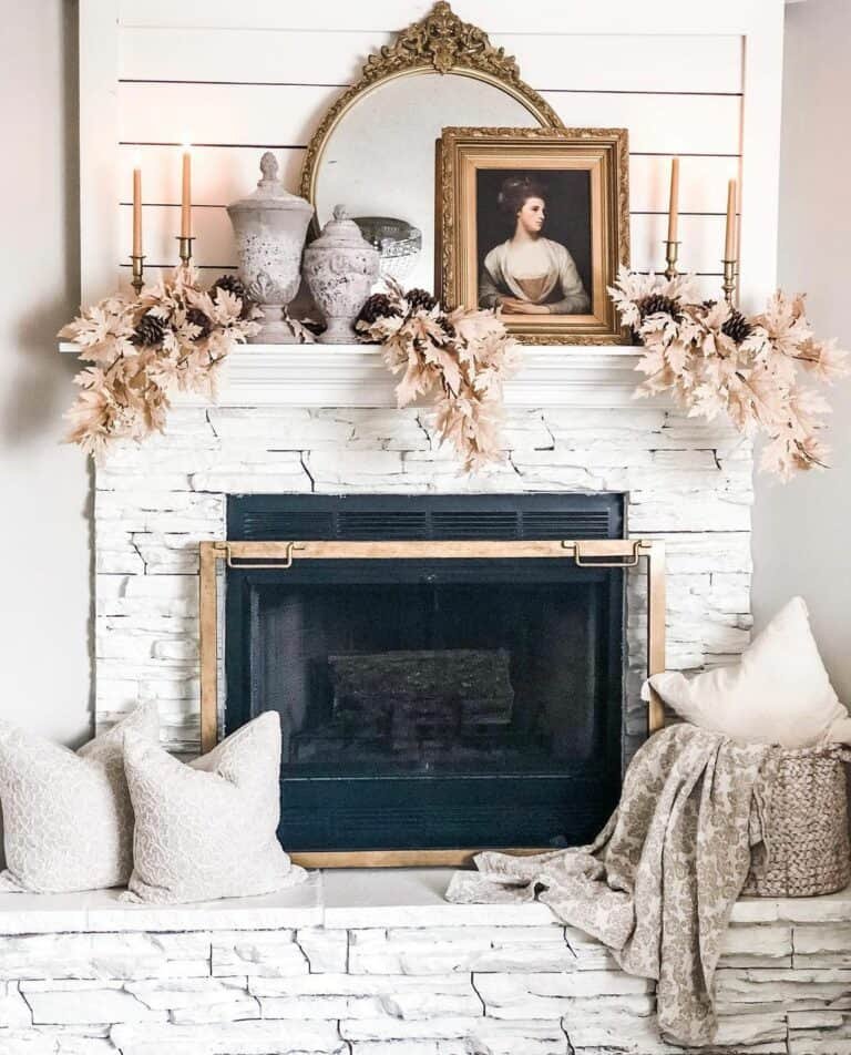White Stone Fireplace with Gold Accents