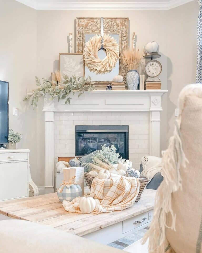 White subway tile fireplace