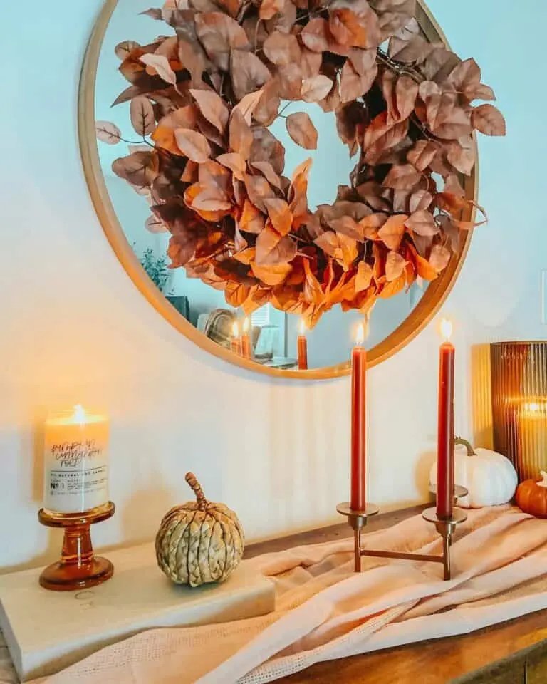 Wood frame mirror with fall wreath