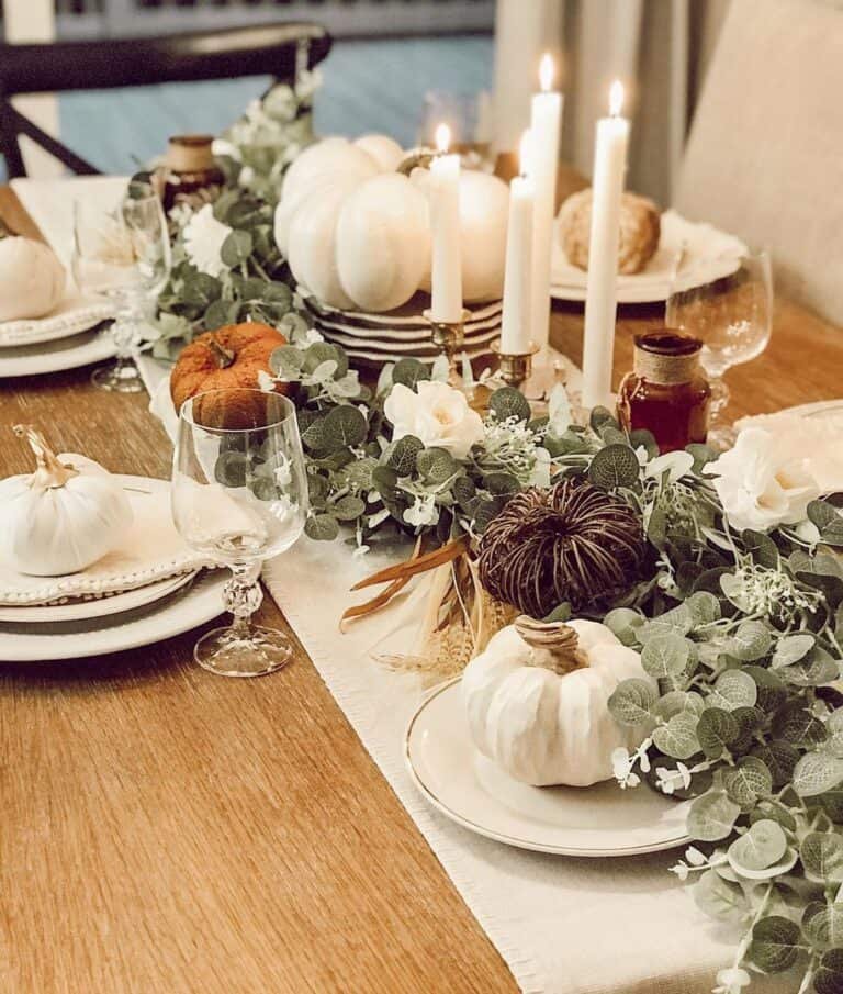 Wood table with pumpkins and leaves