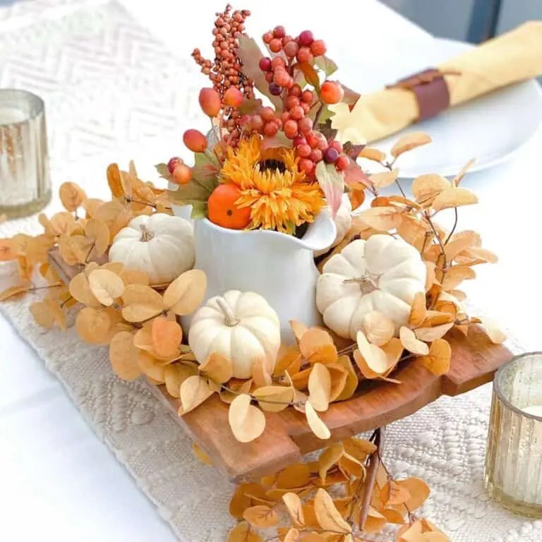 Wood Tray with Dried Leaves and Pumpkins