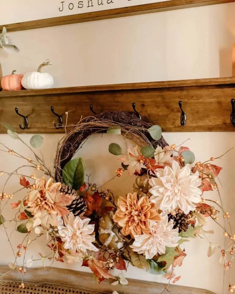 Wooden Coat Rack with Grapevine Wreath