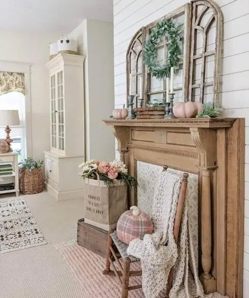 Wooden mantel with fall accents