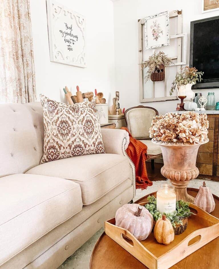 Wooden table with pumpkins