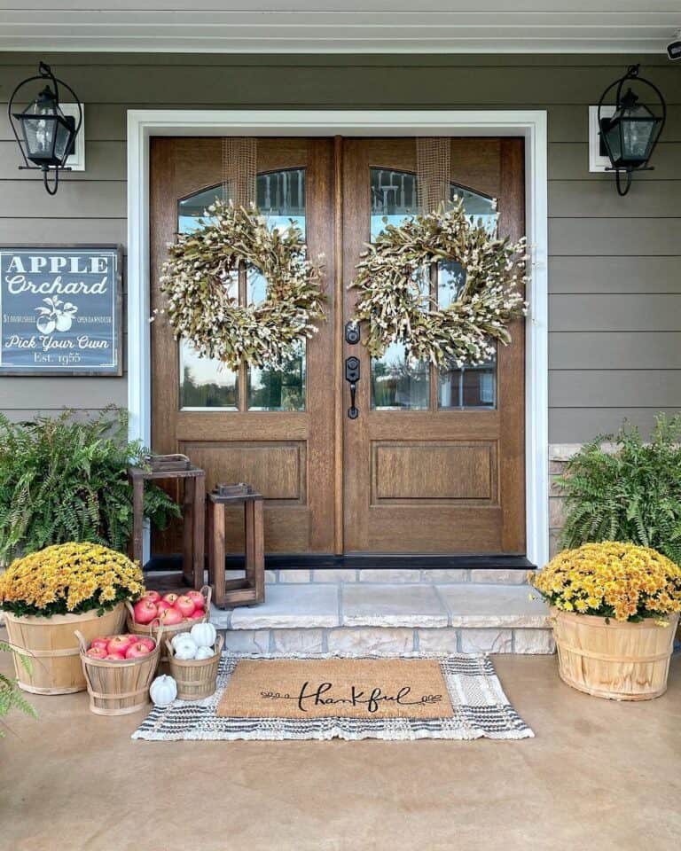 Yellow mums in wicker baskets