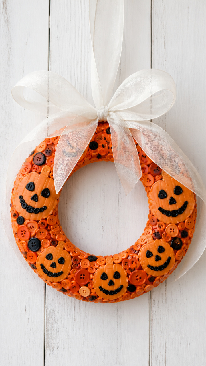Button Pumpkin Face Wreath