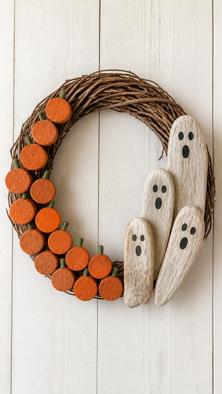 Cork Pumpkin and Driftwood Ghost Wreath