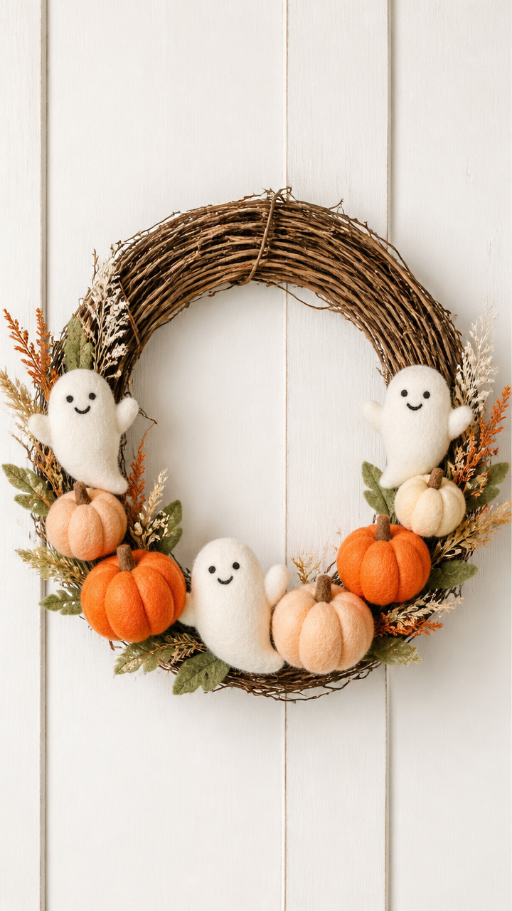 Felt Ghost and Pumpkin Wreath