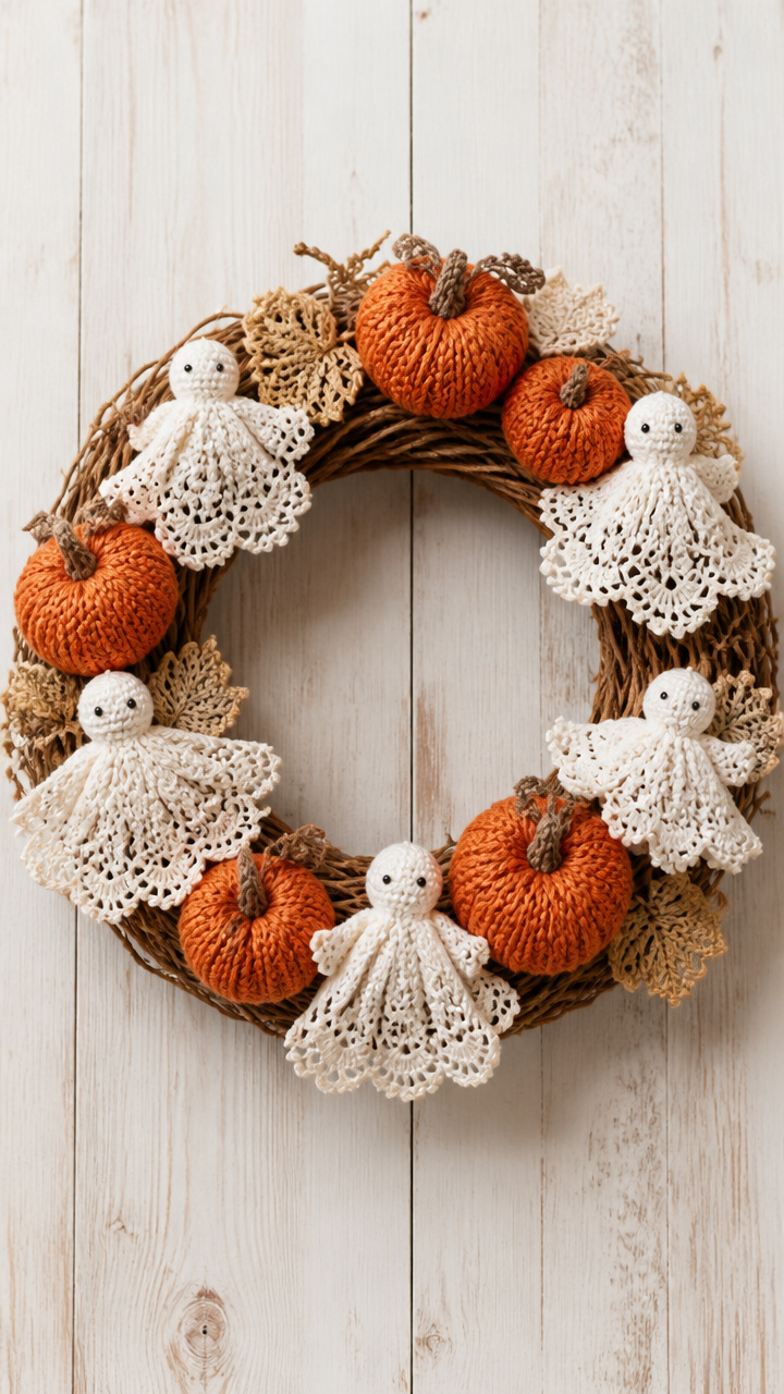 Knit Pumpkin and Lace Ghost Wreath
