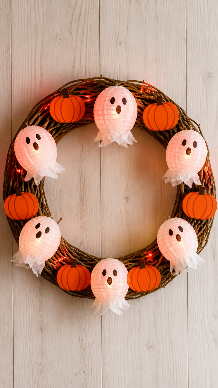 Mini Paper Lantern Ghost Wreath