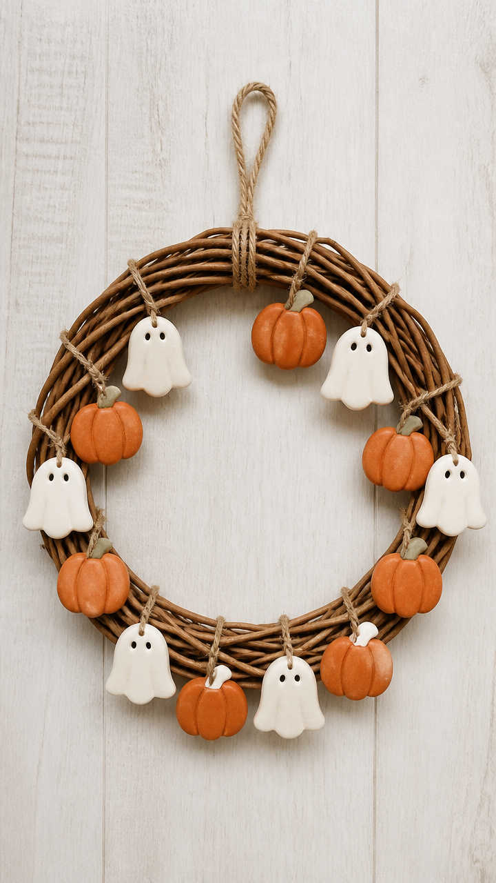 Salt Dough Ghost and Pumpkin Ornaments Wreath