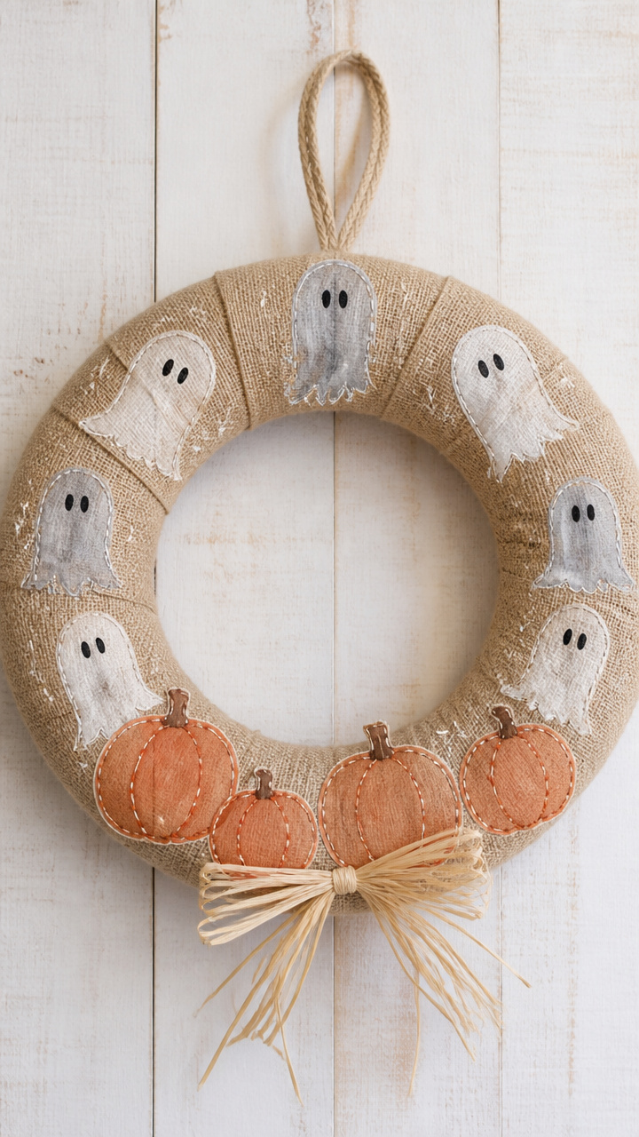 Watercolor Ghosts on Burlap Wreath