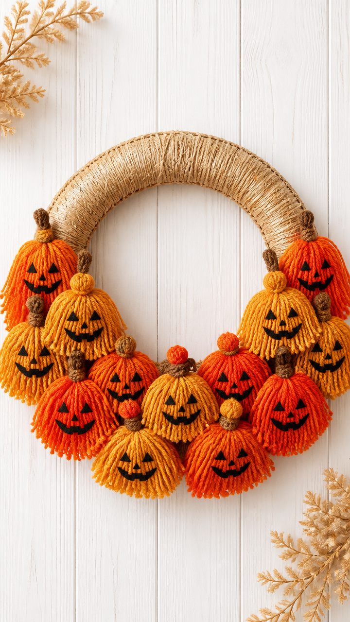 Yarn Tassel Jack-O-Lantern Wreath