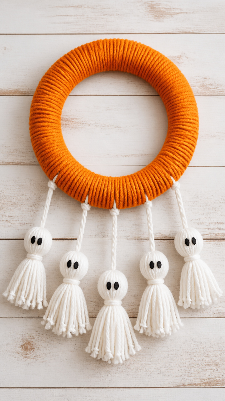 Yarn-Wrapped Pumpkin Ghost Garland Wreath
