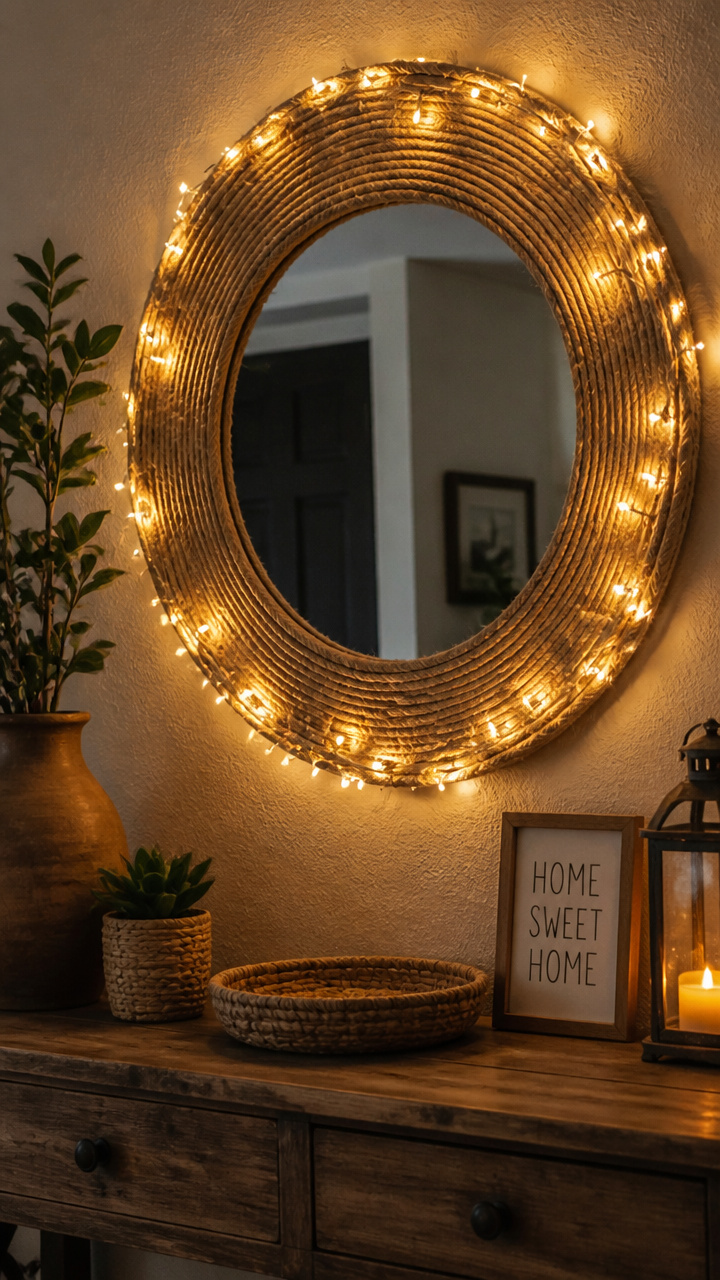 Mirror Wrapped in Twine and Mini Lights