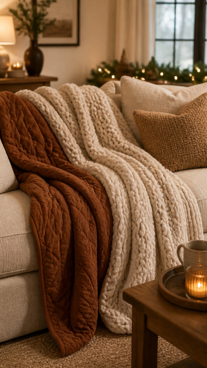 Layered Throw Blankets on the Sofa