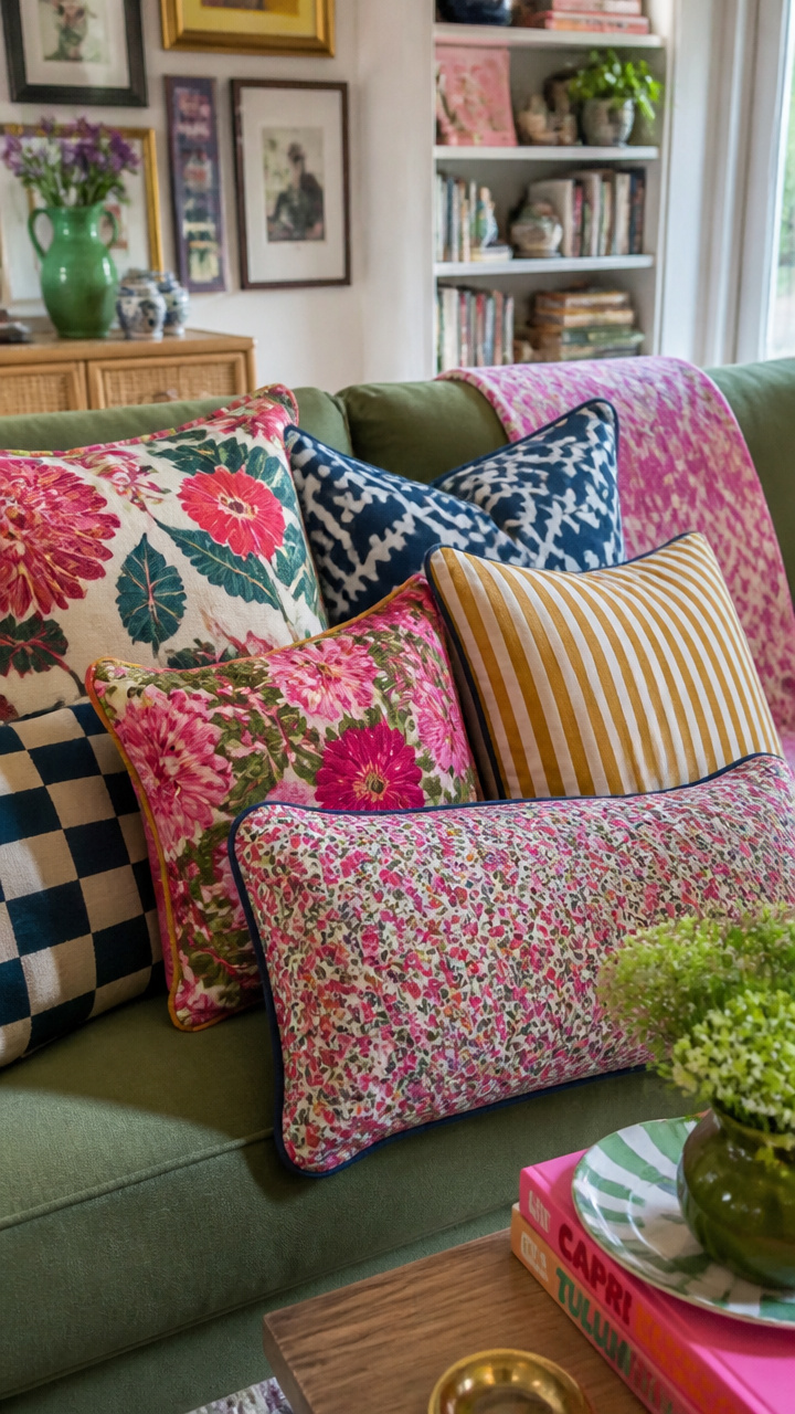 Mix of Thrown Pillows in Clashing Prints