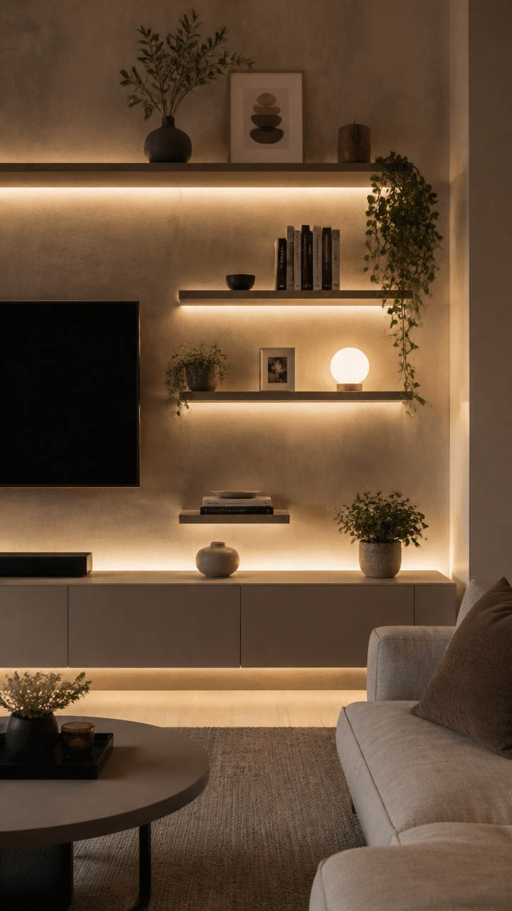 Use LED Strip Lighting Under Floating Shelves
