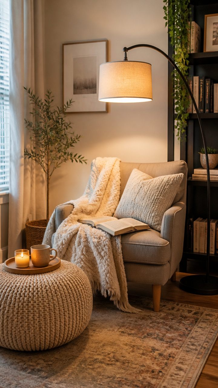 Create a Reading Nook with a Floor Lamp and Pouf