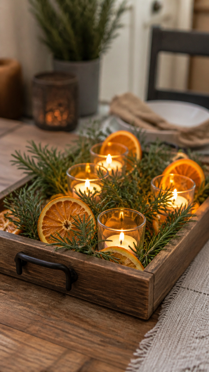 Herb Centerpiece with Citrus and Candles