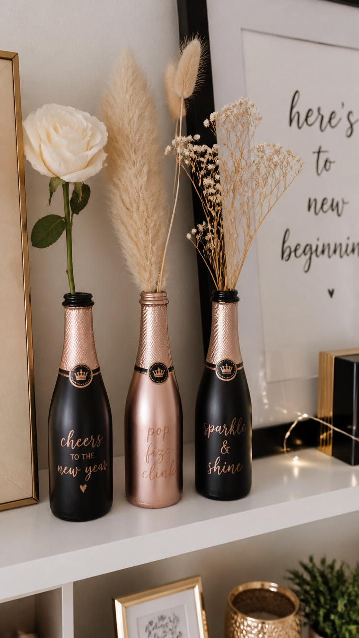 Mini Champagne Bottle Vases on a Shelf