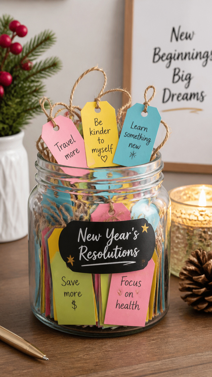 New Yearβs Resolution Jar with Decorative Tags