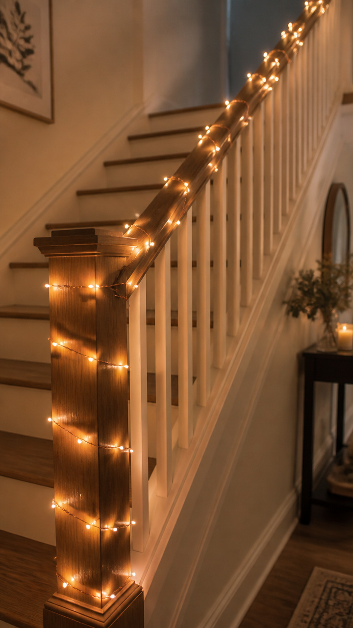 Copper String Lights Wrapped Around Stair Rail