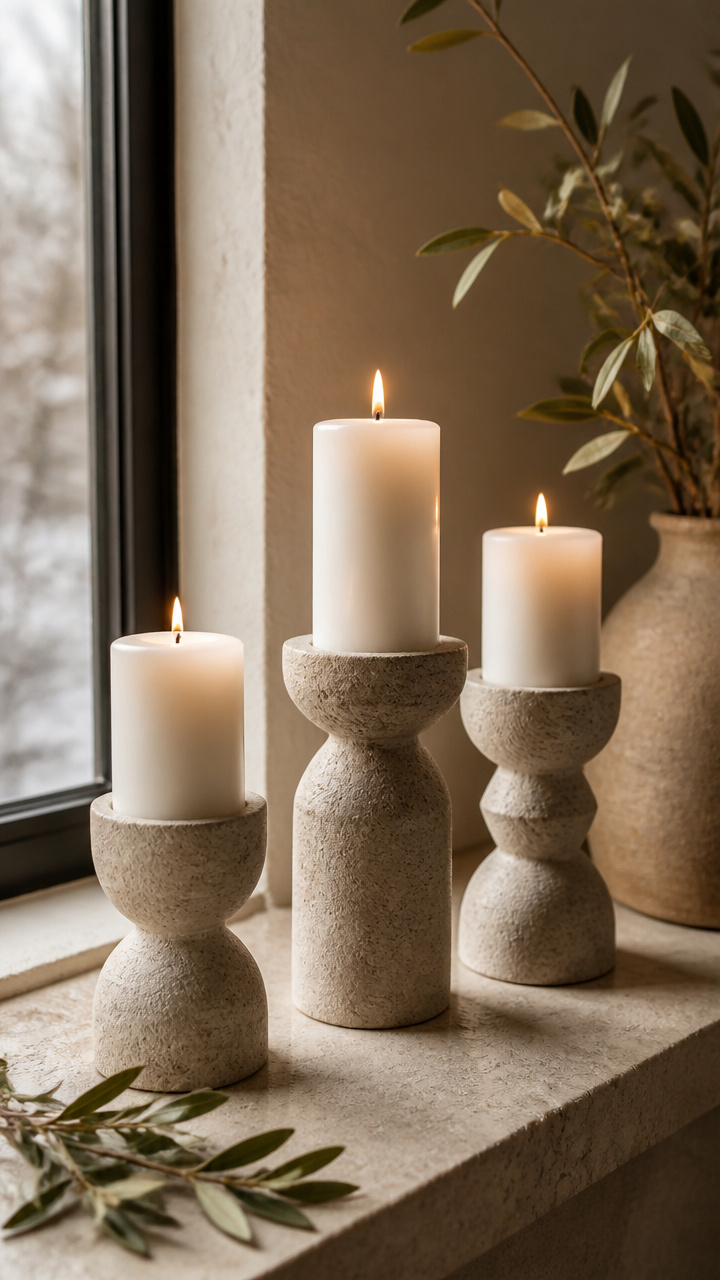 White Pillar Candles in Stone Holders