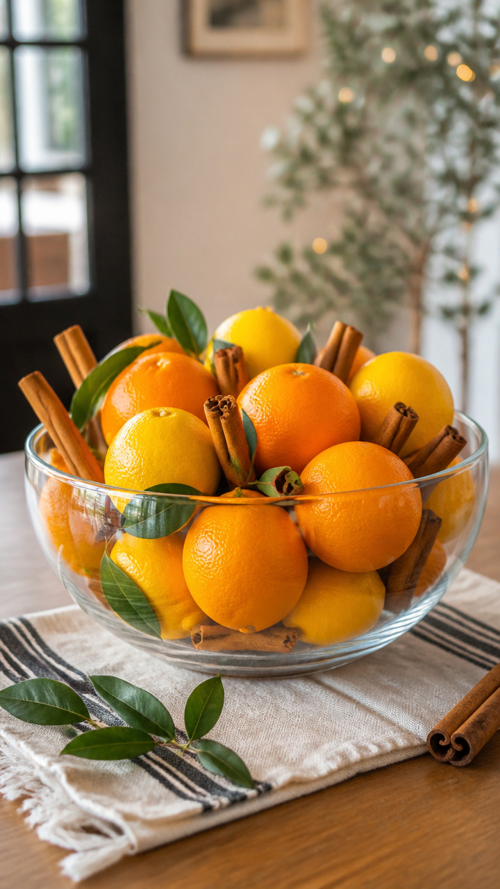 Arrange a Fruit Bowl with Citrus and Cinnamon Sticks
