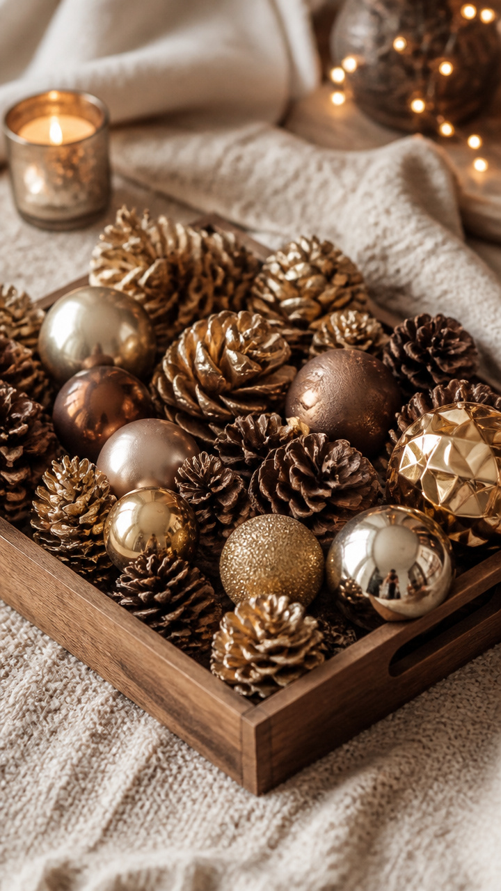 Fill a Tray with Pinecones and Loose Baubles