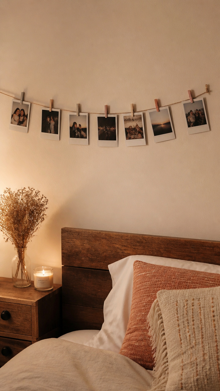 String Clothespins with Polaroids for a Memory Line