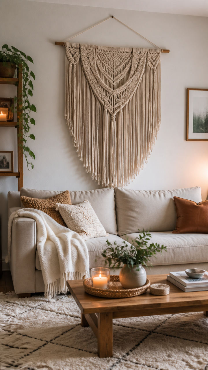 Hang a MacramΓ© Wall Hanging Behind the Sofa